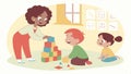 Kids playing blocks with teacher, classroom learn, interactive play, skill build vector design Generative AI