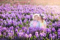 Kids playing in blooming garden with hyacinth flowers Royalty Free Stock Photo