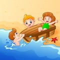 Kids playing boat around water on seashore Royalty Free Stock Photo