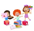 kids playing with bricks and educational games in kindergarten room. Kids play together in kindergarden. Poster with the place for