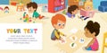 Kids playing with bricks and educational games in kindergarten room. Kids play together in kindergarden. Poster with the Royalty Free Stock Photo