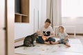 Kids playing with a cat at home. Brother and little sister having fun together Royalty Free Stock Photo