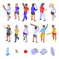 Kids playing cricket icons set, isometric style Royalty Free Stock Photo