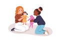 Kids playing with dolls. Happy cute little girls with toys. Preschool kindergarten children together. Toddlers friends