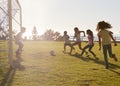 Kids playing football in a park, one in goal, side view Royalty Free Stock Photo
