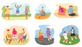 Kids playing game vector illustration, teen girl and boy in various sport and gaming activity, icon set