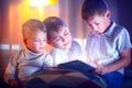 Kids playing games on tablet pc. Three little boys with tablet computer Royalty Free Stock Photo