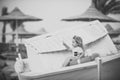 Kids playing - happy game. Child little boy little sitting in life buoy on boat. Royalty Free Stock Photo