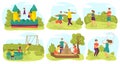 Kids playing, having fun on playground outdoors in summer, friends play in park activity games, set of vector