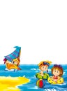 Kids playing and having fun by the sea or ocean - with space for text - illustration Royalty Free Stock Photo
