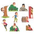 Kids Playing Hide and Seek Concealing Behind Tree and Bush Vector Set Royalty Free Stock Photo