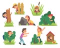 Kids Playing Hide and Seek Concealing Behind Tree and Bush Vector Set