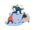 Kids playing hockey flat vector illustration. Father and sons enjoying winter sports cartoon characters. Wintertime
