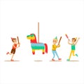 Kids Playing With Horse Shaped Pinata, Kids Birthday Party Scene With Cartoon Smiling Character