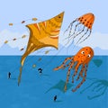 Kids playing kites. Vector illustration of children flying kites on the meadow.Kites in the shape of a fish