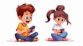 Kids playing with mobile phones. Cartoon modern illustration set of cute little boy sitting on floor using smartphone Royalty Free Stock Photo