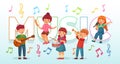 Kids playing music. Children musical instruments, baby band musicians and dancing kid singing or playing guitar vector Royalty Free Stock Photo