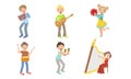 Kids Playing Music Set, Boys and Girls with Musical Instruments, Children Playing Accordion, Guitar, Tambourine, Drum