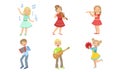 Kids Playing Music and Singing Set, Boys and Girls with Musical Instruments, Children Playing Violin, Flute, Accordion Royalty Free Stock Photo