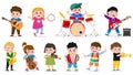Kids playing musical instruments. Child music band, girls and boys play drum, guitar and violin vector illustration set