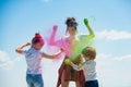 Kids playing with paints outdoor. Little children drawing and painting with hands. Royalty Free Stock Photo