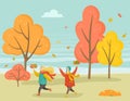 Kids Playing in Park in Autumn Season, Forest Tree Royalty Free Stock Photo