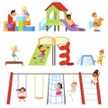Kids playing at playground set, children swinging on swing, climbing up ladder, riding spring horse see saw vector Royalty Free Stock Photo