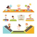 Kids playing on playground set. Cute boys and girls jumping on trampoline and playing colorful toy blocks cartoon vector