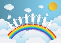 Kids playing with the rainbow,paper art style Royalty Free Stock Photo