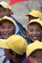 Kids playing with a red chinese flag