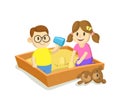 Kids playing in sandbox. Cartoon flat vector illustration, isolated on white background.