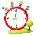 Kids playing skateboard and roller skate on giant clock Royalty Free Stock Photo