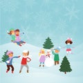 Kids playing with snow outdoors in park vector illustration. Winter and Christmas holidays activities. Children making Royalty Free Stock Photo