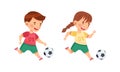 Kids playing soccer. Cute little girl and boy running with ball cartoon vector illustration Royalty Free Stock Photo