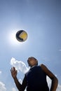 Kids playing soccer game, young boy hitting ball in park Royalty Free Stock Photo