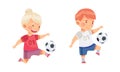 Kids playing soccer. Happy boy and girl kicking the ball cartoon vector illustration Royalty Free Stock Photo