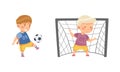 Kids playing soccer. Little boys training with ball cartoon vector illustration Royalty Free Stock Photo