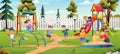 Kids playing together on playground with slide, swing, ball and sandbox