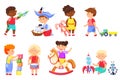 Kids playing with toys. Cartoon children play with rocket, bunny. Kindergarten girl on rocking horse. Boys and girls Royalty Free Stock Photo