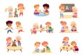 Kids Playing Toys and Game in Kindergarden Running, Playing Doll and Drawing Vector Set Royalty Free Stock Photo