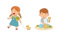 Kids playing with toys together set cartoon vector illustration on white background Royalty Free Stock Photo