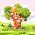Kids playing on tree house. Kid wood house garden trees with tire swing, children climb to treehouse playing game in Royalty Free Stock Photo