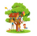 Kids are playing in a treehouse. Vector illustration on white background Royalty Free Stock Photo