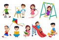 Kids playing vector characters set. Young boys and girls doing educational and school activities Royalty Free Stock Photo