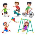 Kids playing vector characters set. Young boys and girls happy playing outdoor activities and sports Royalty Free Stock Photo