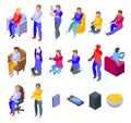 Kids playing video games icons set, isometric style Royalty Free Stock Photo