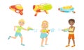 Kids Playing with Water Guns Set, Colorful Water Pistols, Toy Weapon Vector Illustration