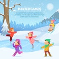 Kids playing in winter games on playground. Outdoors cartoon illustration Royalty Free Stock Photo