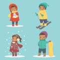 Kids Playing in Winter Holiday Vector Set Royalty Free Stock Photo