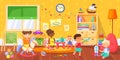 Kids in playroom. Happy children playing with toys in montessori kindergarten. Playful toddlers in preschool classroom Royalty Free Stock Photo